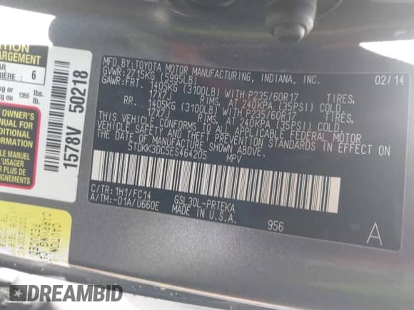 2014 Toyota Sienna LE AAS with VIN 5TDKK3DC5ES464205, listed as a IAAI auction lot 43066275 with 194,999 mi miles and . Bid and sale history available at DreamBid. Image 9.