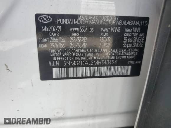 2021 Hyundai Santa Fe Limited с VIN 5NMS4DAL2MH340494, выставлен на аукционе Copart как лот 71176895 с пробегом 64 569 миль миль и Списание • Salvage title. История ставок и продаж доступна на DreamBid. Изображение 14.