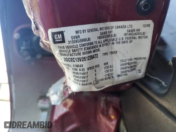 2006 Chevrolet Silverado 1500 LS с VIN 2GCEC13V261238472, выставлен на аукционе Copart как лот 62302145 с пробегом Не указан миль и Списание • Salvage title. История ставок и продаж доступна на DreamBid. Изображение 12.