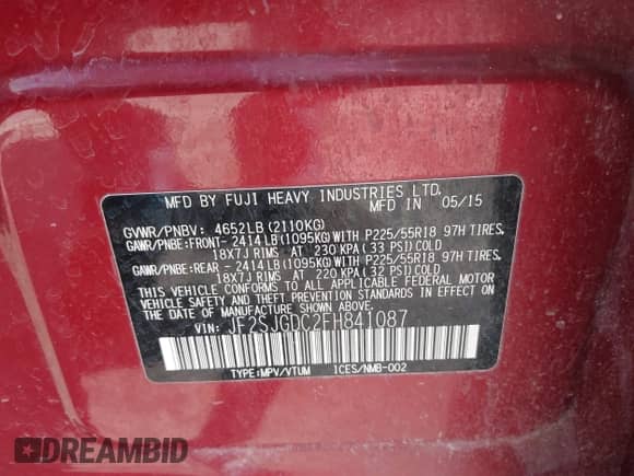 2015 Subaru Forester XT Premium with VIN JF2SJGDC2FH841087, listed as a IAAI auction lot 42741830 with 151,138 mi miles and . Bid and sale history available at DreamBid. Image 9.