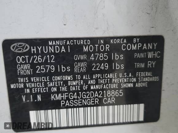 2013 Hyundai Azera с VIN KMHFG4JG2DA218865, выставлен на аукционе Copart как лот 79043754 с пробегом 135 506 миль миль и Списание • Salvage title. История ставок и продаж доступна на DreamBid. Изображение 14.
