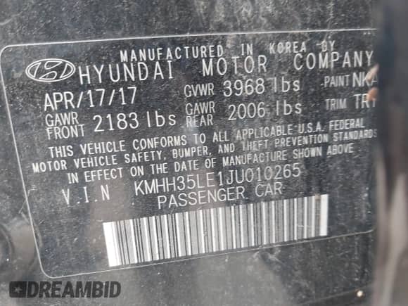 2018 Hyundai Elantra with VIN KMHH35LE1JU010265, listed as a IAAI auction lot 43441671 with 42,159 mi miles and . Bid and sale history available at DreamBid. Image 9.