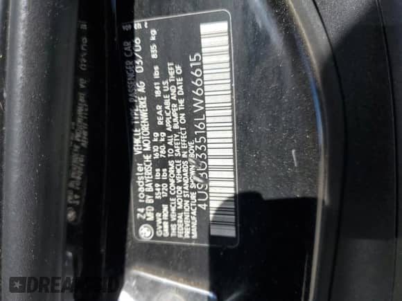 2006 BMW Z4 3.0i с VIN 4USBU33516LW66615, выставлен на аукционе Copart как лот 61217905 с пробегом 186 677 миль миль и На запчасти • Non repairable. История ставок и продаж доступна на DreamBid. Изображение 12.