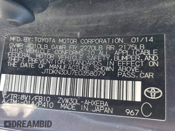 2014 Toyota Prius Three with VIN JTDKN3DU7E0358079, listed as a IAAI auction lot 43429132 with 261,249 mi miles and . Bid and sale history available at DreamBid. Image 9.