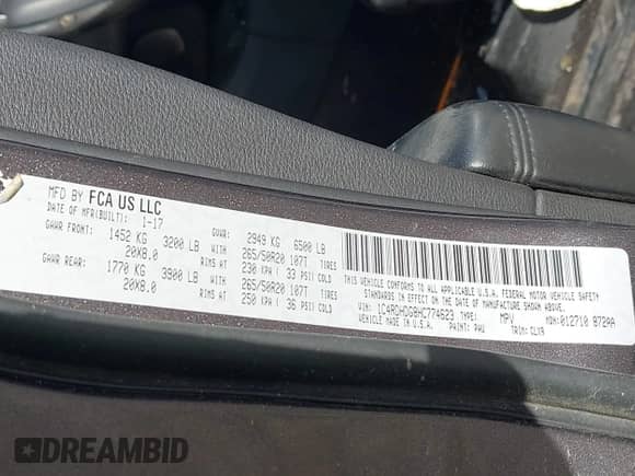 2017 Dodge Durango GT with VIN 1C4RDHDG8HC774623, listed as a IAAI auction lot 42873049 with Not provided miles and . Bid and sale history available at DreamBid. Image 9.