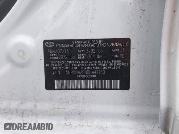 2013 Hyundai Elantra GLS with VIN 5NPDH4AE8DH447180, listed as a IAAI auction lot 42452033 with 99,669 mi miles and . Bid and sale history available at DreamBid. Image 9.