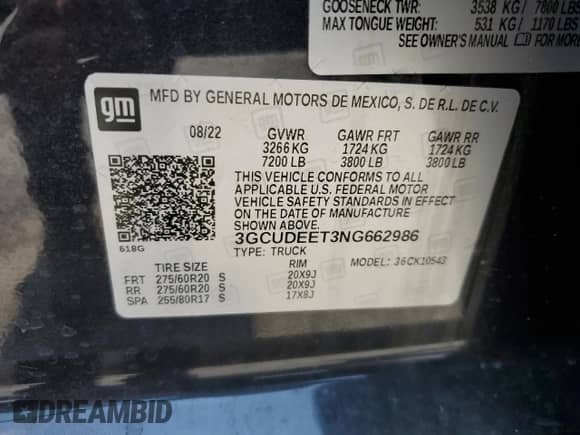 2022 Chevrolet Silverado 1500 RST with VIN 3GCUDEET3NG662986, listed as a Copart auction lot 59013585 with 26,141 mi miles and Salvage title. Bid and sale history available at DreamBid. Image 12.