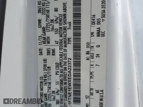 2014 Ford Econoline Cargo Commercial with VIN 1FTNE1EWXEDA22372, listed as a Copart auction lot 52360385 with 128,803 mi miles and Clean title. Bid and sale history available at DreamBid. Image 13.