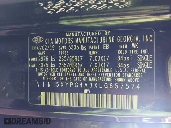 2020 Kia Sorento LX with VIN 5XYPG4A3XLG657574, listed as a IAAI auction lot 41851904 with 272,992 mi miles and . Bid and sale history available at DreamBid. Image 9.