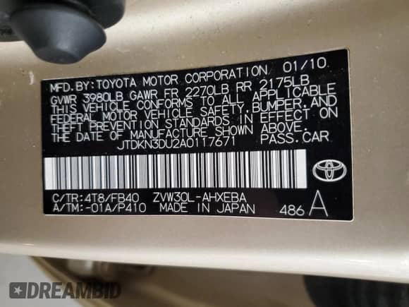 2010 Toyota Prius III z VIN JTDKN3DU2A0117671, wystawiony jako Copart lot #82770245 z przebiegiem 203 652 mil mil oraz Czysty tytuł • Clean title. Historia ofert i sprzedaży dostępna na DreamBid. Obrazek 12.