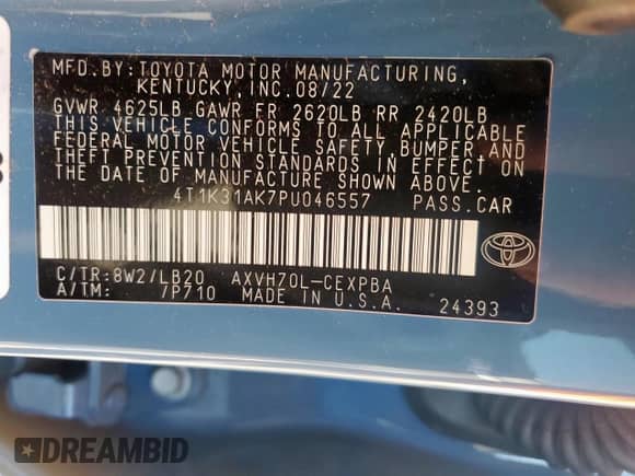 2023 Toyota Camry Hybrid XSE с VIN 4T1K31AK7PU046557, выставлен на аукционе Copart как лот 71445455 с пробегом 33 068 миль миль и Списание • Salvage title. История ставок и продаж доступна на DreamBid. Изображение 13.