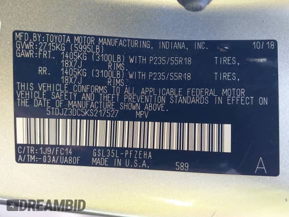 2019 Toyota Sienna LE with VIN 5TDJZ3DC5KS217527, listed as a IAAI auction lot 43115403 with 115,564 mi miles and . Bid and sale history available at DreamBid. Image 9.