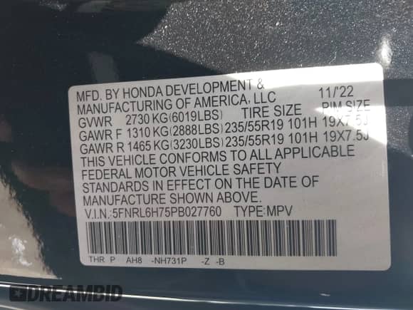 2023 Honda Odyssey Sport z VIN 5FNRL6H75PB027760, wystawiony jako IAAI lot #42871038 z przebiegiem 60 394 mil mil oraz . Historia ofert i sprzedaży dostępna na DreamBid. Obrazek 9.