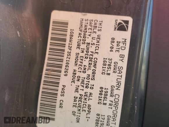 2005 Saturn ION ION 3 with VIN 1G8AW12F35Z106269, listed as a Copart auction lot 66028924 with 197,340 mi miles and Salvage title. Bid and sale history available at DreamBid. Image 12.