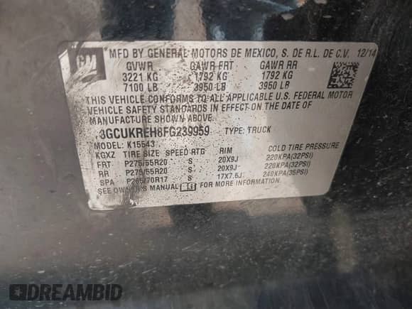 2015 Chevrolet Silverado 1500 LT with VIN 3GCUKREH8FG239959, listed as a IAAI auction lot 41483334 with 180,739 mi miles and . Bid and sale history available at DreamBid. Image 9.