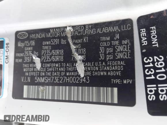 2007 Hyundai Santa Fe SE with VIN 5NMSH73E27H002943, listed as a IAAI auction lot 43029768 with 226,311 mi miles and . Bid and sale history available at DreamBid. Image 9.