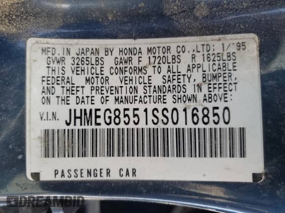 1995 Honda Civic z VIN JHMEG8551SS016850, wystawiony jako Copart lot #41781355 z przebiegiem 298 006 mil mil oraz Szkoda całkowita • Salvage title. Historia ofert i sprzedaży dostępna na DreamBid. Obrazek 14.