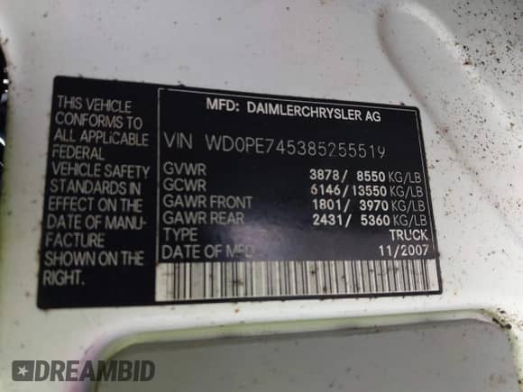 2008 Dodge Sprinter with VIN WD0PE745385255519, listed as a IAAI auction lot 42111050 with Not provided miles and . Bid and sale history available at DreamBid. Image 9.