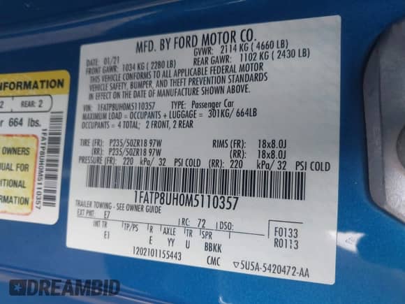 2021 Ford Mustang EcoBoost with VIN 1FATP8UH0M5110357, listed as a IAAI auction lot 42189282 with 75,494 mi miles and . Bid and sale history available at DreamBid. Image 9.