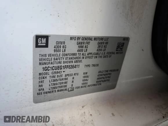 2015 Chevrolet Silverado 2500HD Work Truck z VIN 1GC1CUEG1FF636411, wystawiony jako Copart lot #63371555 z przebiegiem 68 441 mil mil oraz Szkoda całkowita • Salvage title. Historia ofert i sprzedaży dostępna na DreamBid. Obrazek 13.