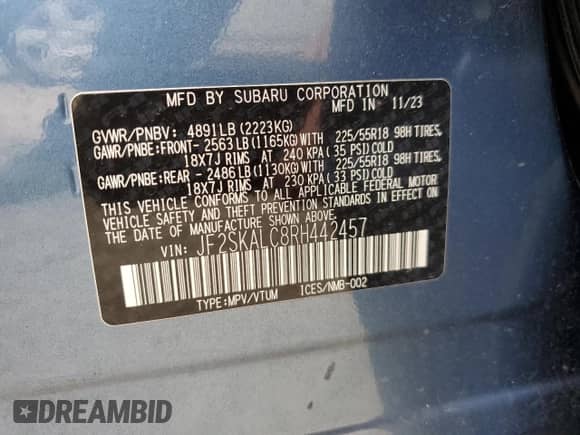 2024 Subaru Forester Limited with VIN JF2SKALC8RH442457, listed as a Copart auction lot 68108015 with 18,592 mi miles and Salvage title. Bid and sale history available at DreamBid. Image 13.