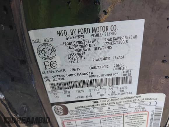 2009 Ford F-150 XL with VIN 1FTRW14809FA66019, listed as a IAAI auction lot 42190218 with 197,727 mi miles and . Bid and sale history available at DreamBid. Image 9.