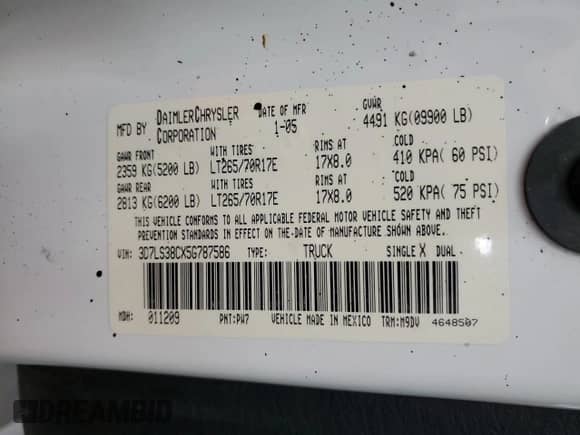 2005 Dodge 3500 SLT with VIN 3D7LS38CX5G787586, listed as a Copart auction lot 54554365 with 205,421 mi miles and Salvage title. Bid and sale history available at DreamBid. Image 12.