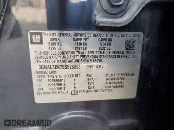 2014 Chevrolet Captiva Sport LT с VIN 3GNAL3EK7ES628393, выставлен на аукционе Copart как лот 77992784 с пробегом 124 134 миль миль и Чистый • Clean title. История ставок и продаж доступна на DreamBid. Изображение 13.