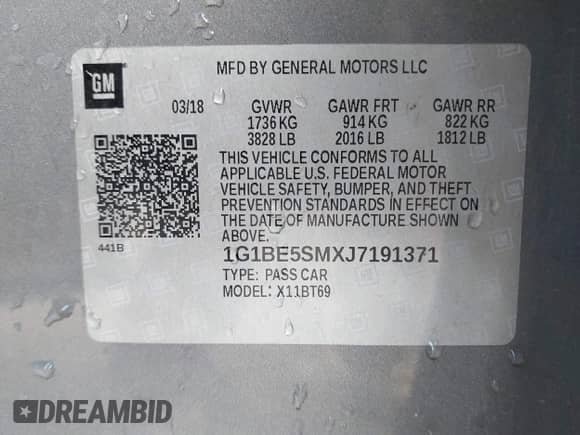 2018 Chevrolet Cruze LT z VIN 1G1BE5SMXJ7191371, wystawiony jako IAAI lot #43055956 z przebiegiem 104 565 mil mil oraz . Historia ofert i sprzedaży dostępna na DreamBid. Obrazek 9.