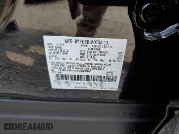 2025 Ford Explorer Platinum with VIN 1FMUK8HH7SGB23840, listed as a Copart auction lot 59996365 with 2,505 mi miles and Salvage title. Bid and sale history available at DreamBid. Image 13.