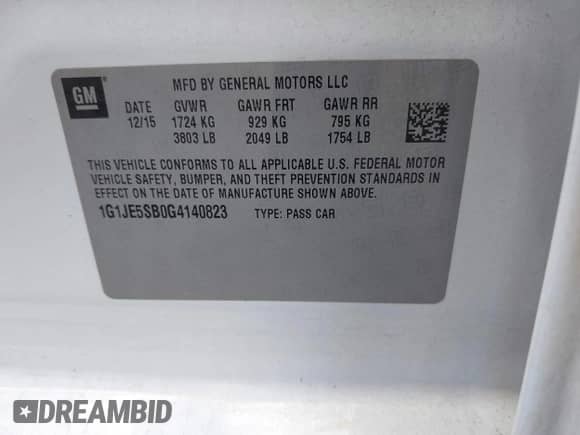 2016 Chevrolet Sonic LTZ with VIN 1G1JE5SB0G4140823, listed as a IAAI auction lot 43078859 with 94,417 mi miles and . Bid and sale history available at DreamBid. Image 9.