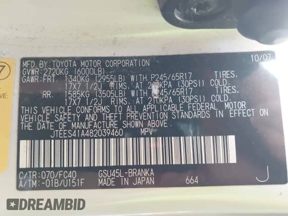 2008 Toyota Highlander with VIN JTEES41A482039460, listed as a IAAI auction lot 43531343 with 262,000 mi miles and . Bid and sale history available at DreamBid. Image 9.