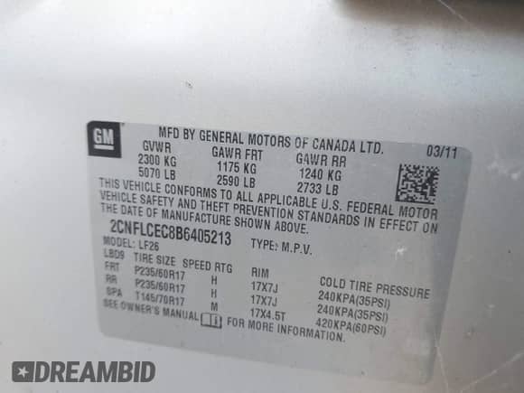 2011 Chevrolet Equinox LS with VIN 2CNFLCEC8B6405213, listed as a IAAI auction lot 43342528 with 101,121 mi miles and . Bid and sale history available at DreamBid. Image 9.