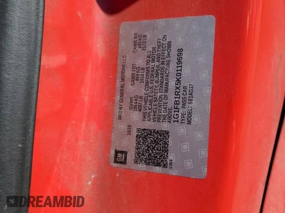 2019 Chevrolet Camaro 1LT with VIN 1G1FB1RX5K0119698, listed as a Copart auction lot 86689115 with Not provided miles and Clean title. Bid and sale history available at DreamBid. Image 12.