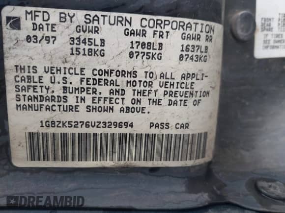 1997 Saturn SL с VIN 1G8ZK5276VZ329694, выставлен на аукционе IAAI как лот 41792109 с пробегом 208 002 миль миль и . История ставок и продаж доступна на DreamBid. Изображение 9.
