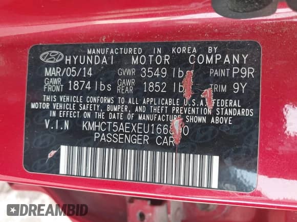 2014 Hyundai Accent GS с VIN KMHCT5AEXEU166890, выставлен на аукционе IAAI как лот 43489303 с пробегом 109 301 миль миль и . История ставок и продаж доступна на DreamBid. Изображение 9.