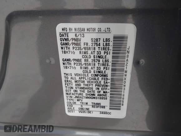 2013 Nissan Murano SV with VIN JN8AZ1MWXDW318858, listed as a IAAI auction lot 41794882 with 115,680 mi miles and . Bid and sale history available at DreamBid. Image 9.