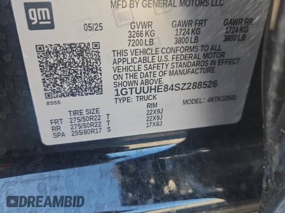 2025 GMC Sierra 1500 Denali Ultimate with VIN 1GTUUHE84SZ288526, listed as a Copart auction lot 84884245 with 5,342 mi miles and Salvage title. Bid and sale history available at DreamBid. Image 13.