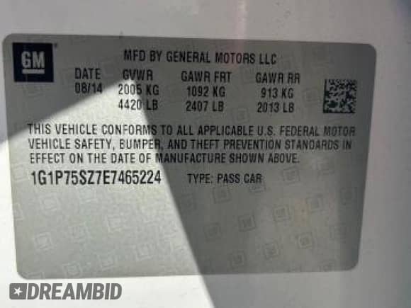 2014 Chevrolet Cruze Diesel with VIN 1G1P75SZ7E7465224, listed as a Copart auction lot 85002655 with 1,192,246 mi miles and Clean title. Bid and sale history available at DreamBid. Image 10.