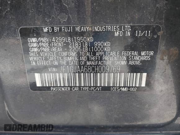 2012 Subaru Impreza 2.0i с VIN JF1GJAA68CH009769, выставлен на аукционе IAAI как лот 41983844 с пробегом 101 672 миль миль и . История ставок и продаж доступна на DreamBid. Изображение 9.