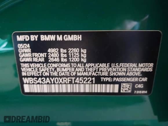 2024 BMW M3 Competition xDrive with VIN WBS43AY0XRFT45221, listed as a IAAI auction lot 42254646 with Not provided miles and . Bid and sale history available at DreamBid. Image 9.