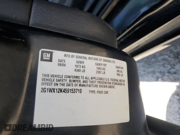 2005 Chevrolet Monte Carlo LT with VIN 2G1WX12K459153710, listed as a Copart auction lot 62702315 with 87,098 mi miles and Salvage title. Bid and sale history available at DreamBid. Image 12.