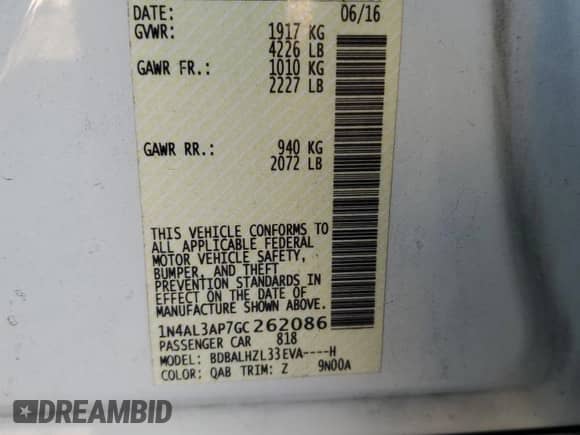 2016 Nissan Altima SR с VIN 1N4AL3AP7GC262086, выставлен на аукционе Copart как лот 82297355 с пробегом 164 496 миль миль и Списание • Salvage title. История ставок и продаж доступна на DreamBid. Изображение 12.