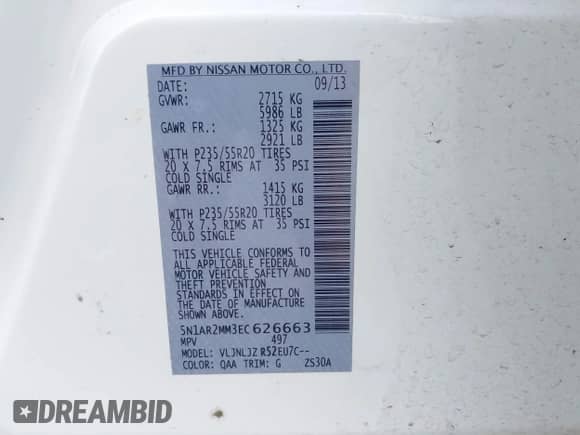 2014 Nissan Pathfinder SV with VIN 5N1AR2MM3EC626663, listed as a IAAI auction lot 43078228 with Not provided miles and . Bid and sale history available at DreamBid. Image 9.