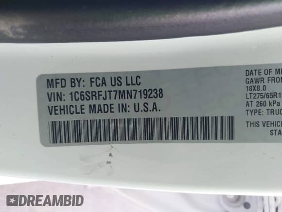 2021 Ram 1500 Laramie z VIN 1C6SRFJT7MN719238, wystawiony jako IAAI lot #42482214 z przebiegiem 47 265 mil mil oraz . Historia ofert i sprzedaży dostępna na DreamBid. Obrazek 9.