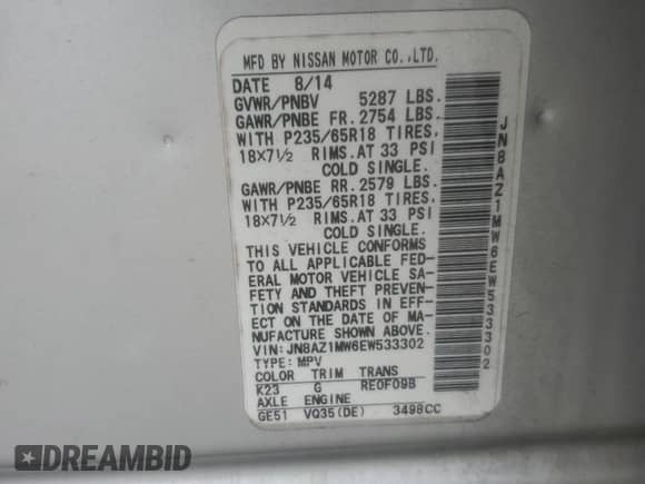 2014 Nissan Murano LE с VIN JN8AZ1MW6EW533302, выставлен на аукционе Copart как лот 84872985 с пробегом 121 782 миль миль и Списание • Salvage title. История ставок и продаж доступна на DreamBid. Изображение 12.