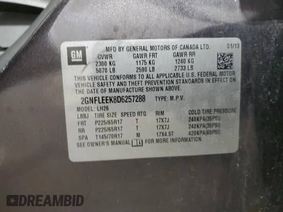2013 Chevrolet Equinox LT с VIN 2GNFLEEK8D6257288, выставлен на аукционе Copart как лот 70030245 с пробегом 181 105 миль миль и Чистый • Clean title. История ставок и продаж доступна на DreamBid. Изображение 13.