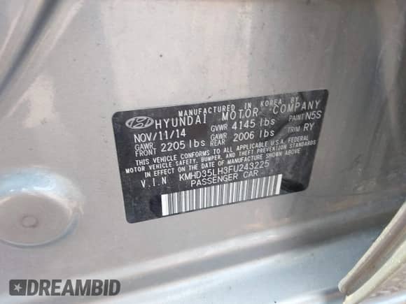 2015 Hyundai Elantra with VIN KMHD35LH3FU243225, listed as a IAAI auction lot 42852381 with 156,080 mi miles and . Bid and sale history available at DreamBid. Image 9.