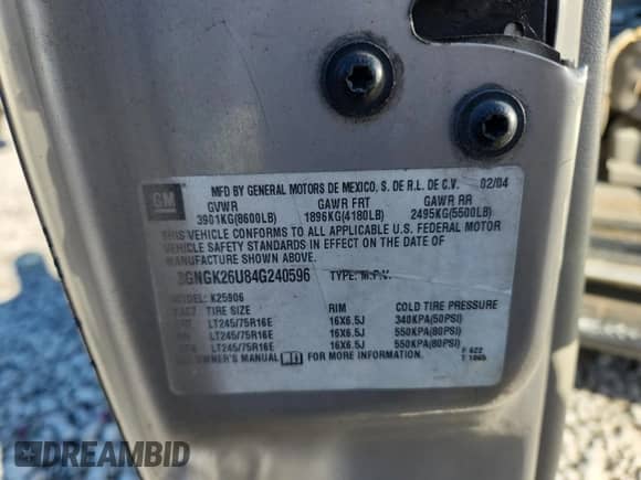 2004 Chevrolet Suburban LT with VIN 3GNGK26U84G240596, listed as a Copart auction lot 87384325 with Not provided miles and Clean title. Bid and sale history available at DreamBid. Image 13.