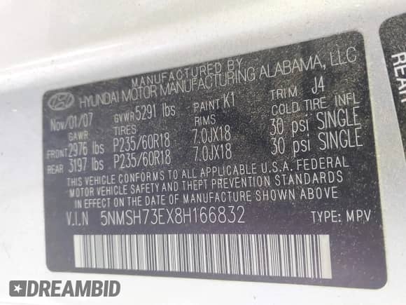 2008 Hyundai Santa Fe SE с VIN 5NMSH73EX8H166832, выставлен на аукционе IAAI как лот 43175715 с пробегом 186 172 миль миль и . История ставок и продаж доступна на DreamBid. Изображение 9.